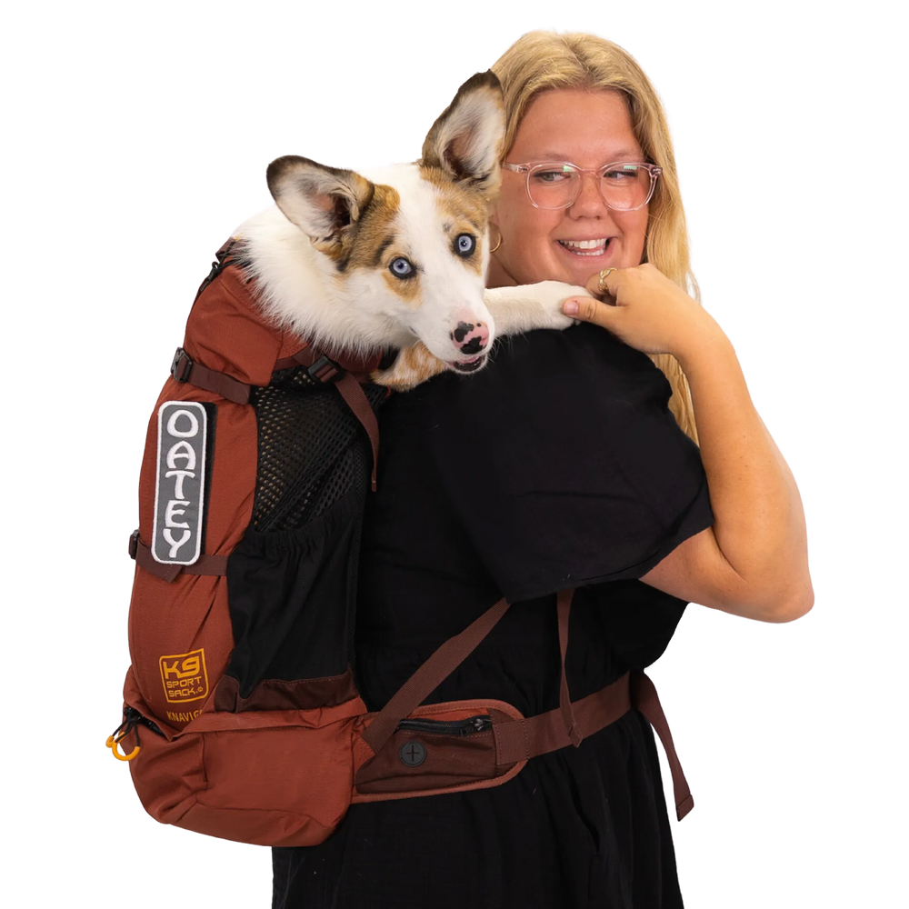 Woman carrying a dog on her back in the K9 Sport Sack Knavigate dog carrier backpack in Dune red
