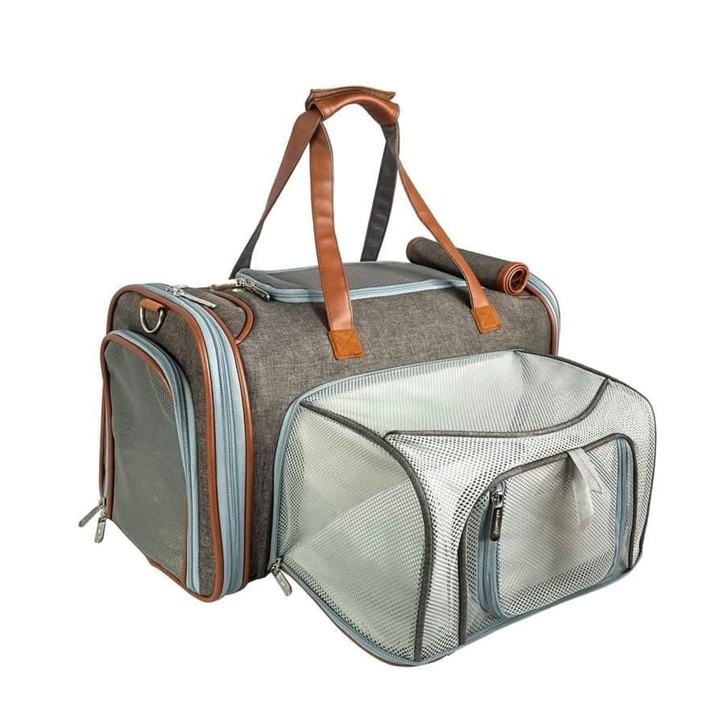 Mr. Peanut's Gold Series Big Apple expandable dog carrier in charcoal ash with the side panel open