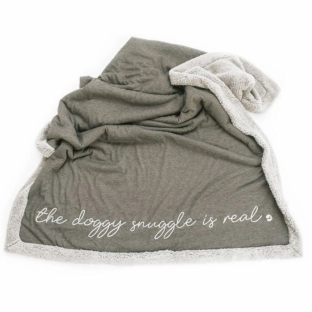 Stone gray dog throw blanket with cream plush trim and embroidered script