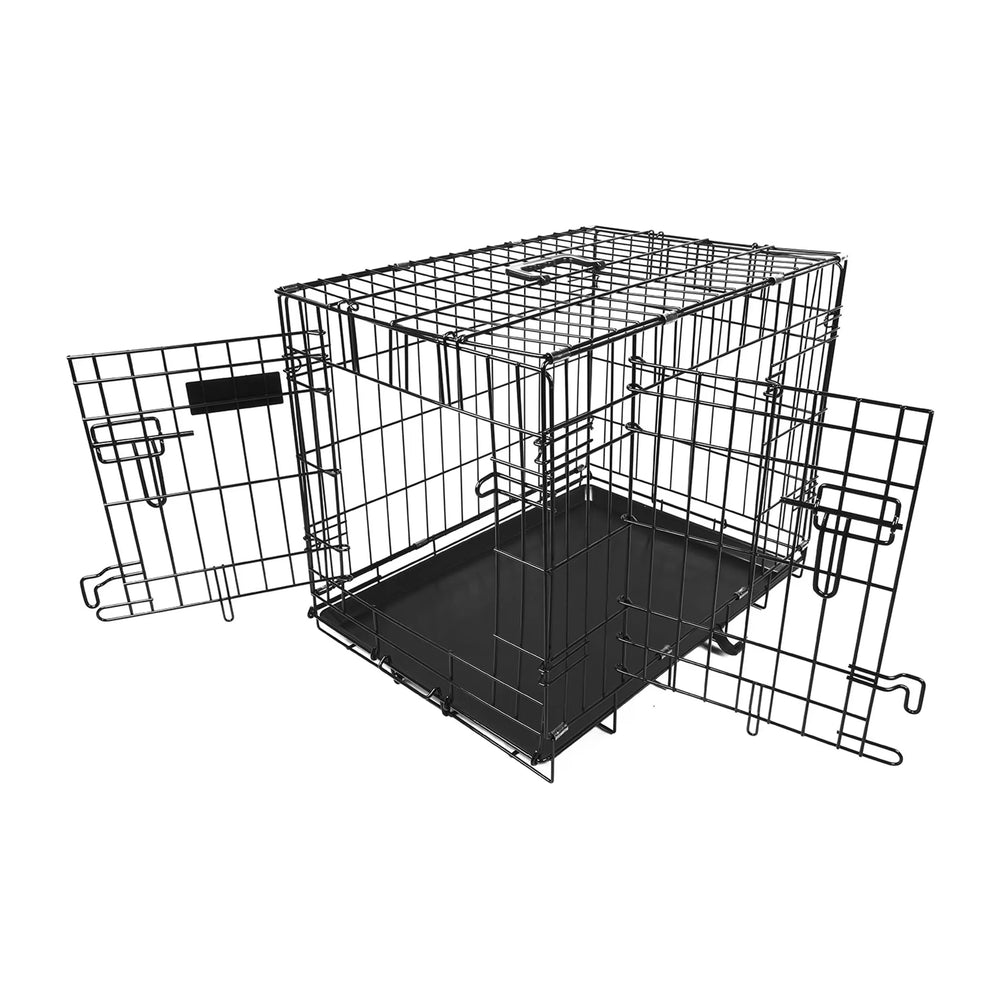 Black folding metal dog crate with front and side doors open