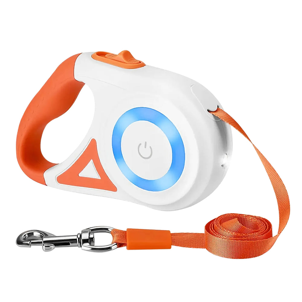 White and orange retractable dog leash with a light ring on the handle