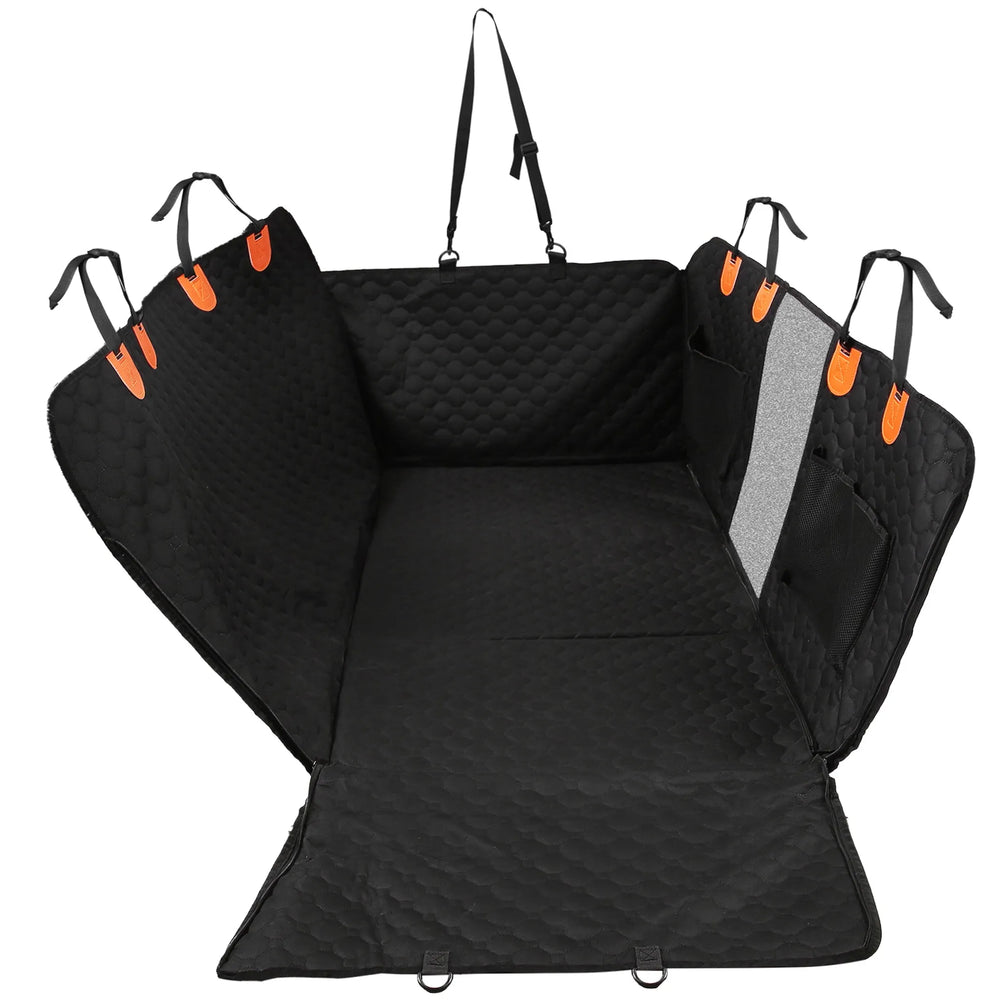 Black hard-bottom dog back seat cover with mesh window and door flaps