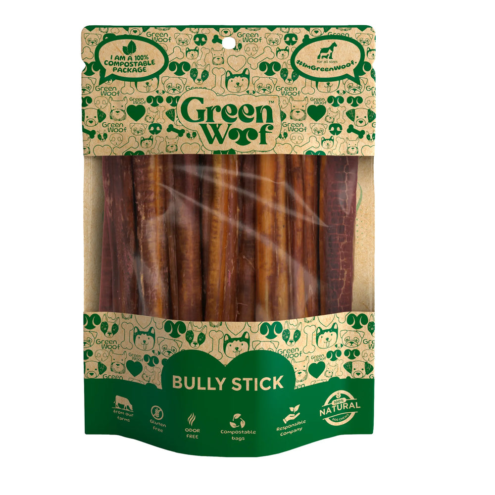 Green Woof Bully Sticks for Dogs, 12-Pack, single-ingredient beef chews