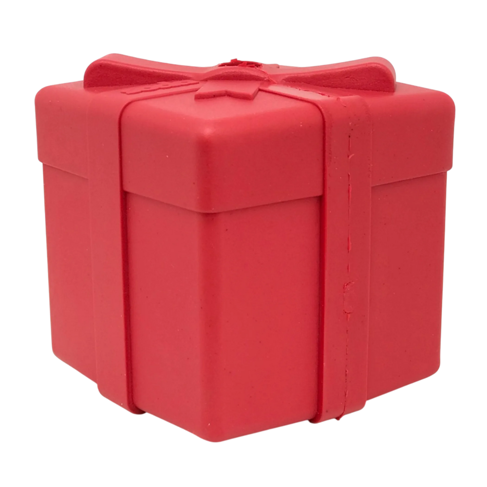 SodaPup red gift box rubber treat dispenser dog toy