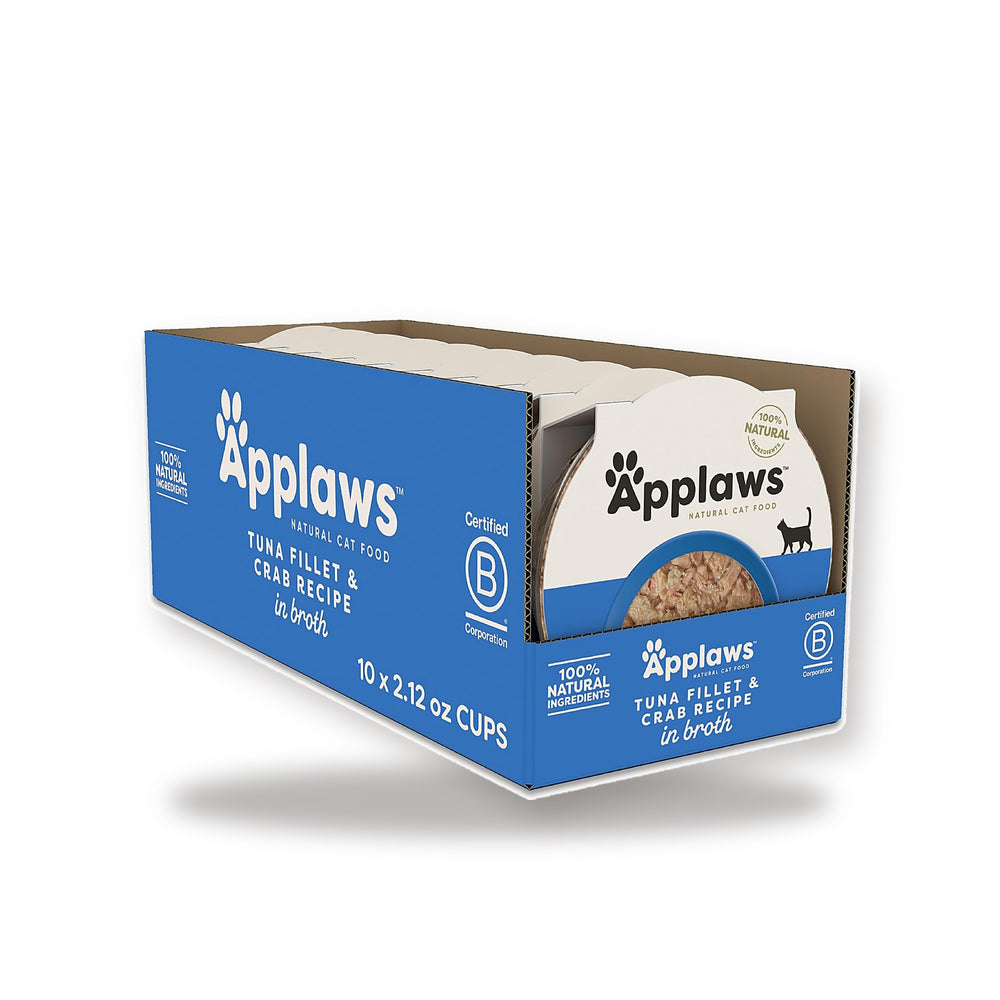 Applaws grain-free tuna and crab cat food cups box on white studio background