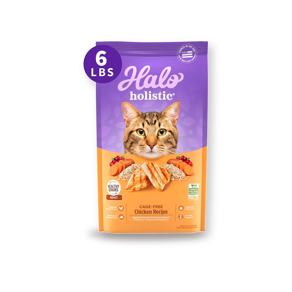Halo Pure Chicken adult cat food bag on white studio background