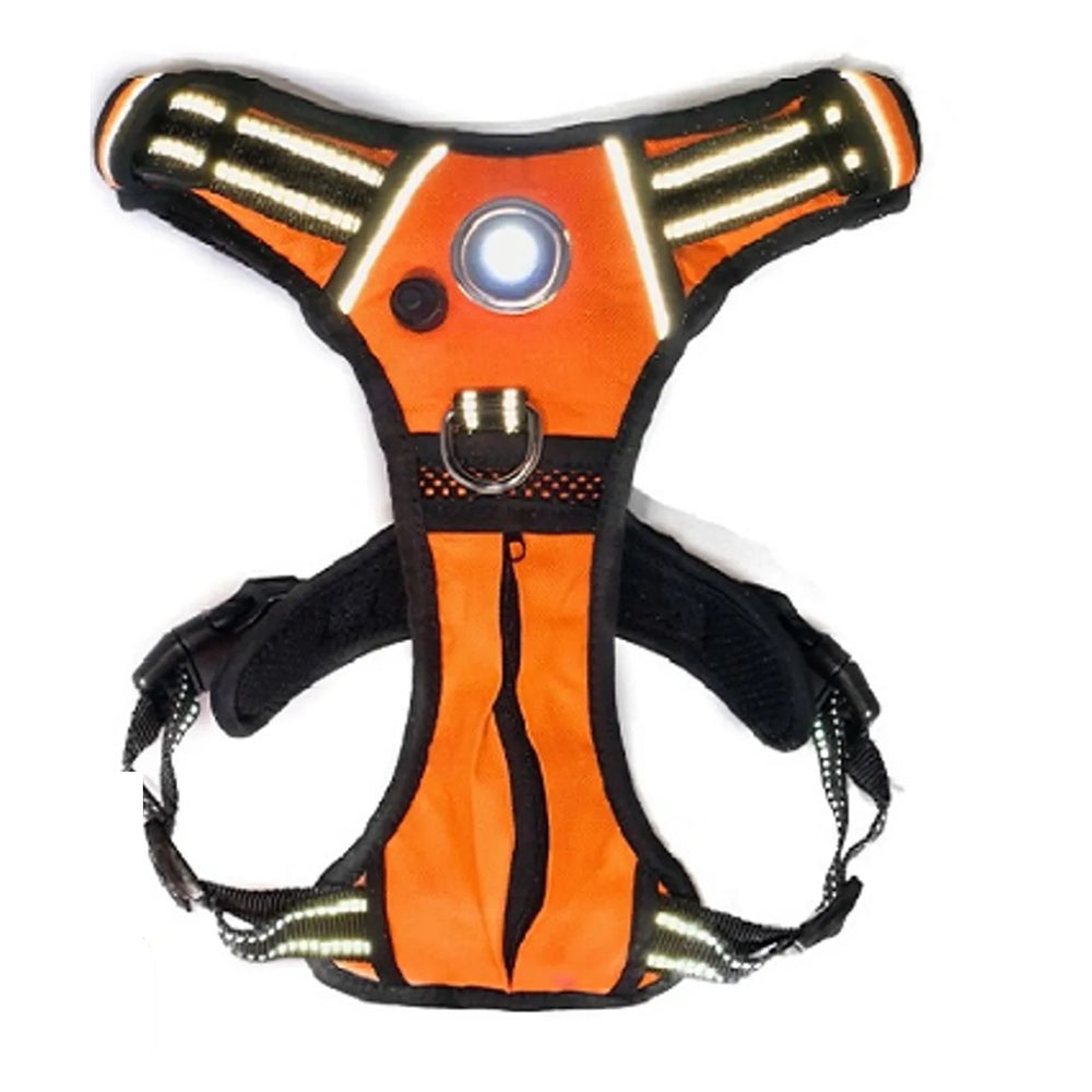 Headlight Harness LED light-up dog harness in orange with reflective trim, on a white background