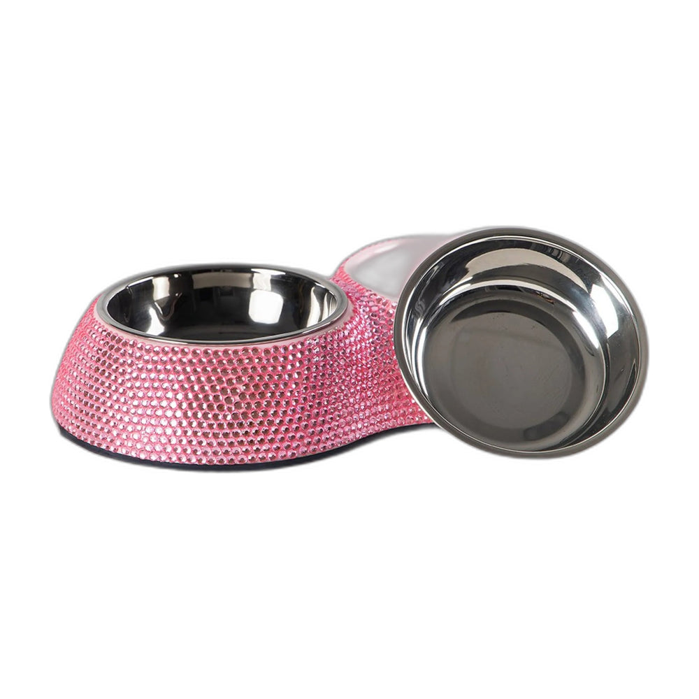 Hello Doggie Crystal Double Dog Bowl for Small Dogs, shown on a white background