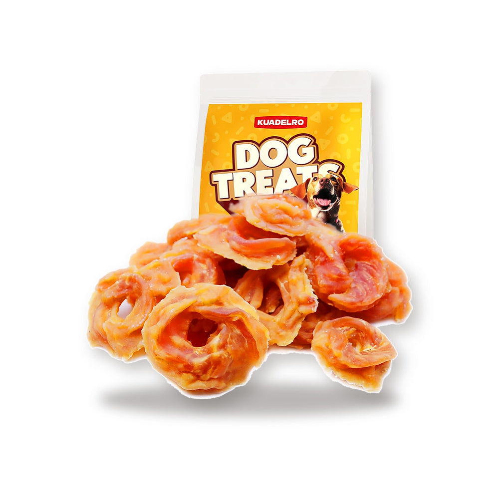 KUADELRO Chicken Rings dog treats with bag on white studio background