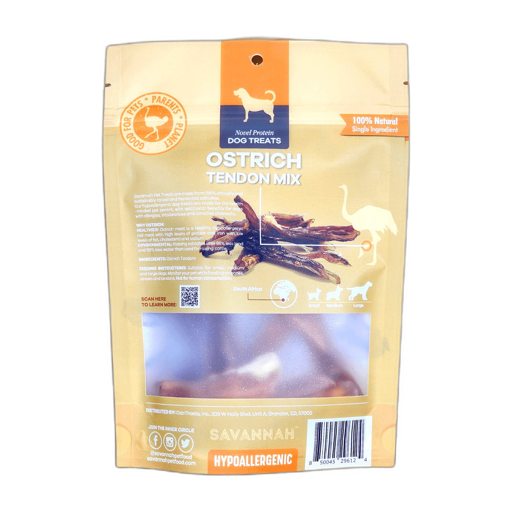 Savannah Ostrich Tendon Mix Dog Chews, 3 oz, 8-Pack, shown on a white background