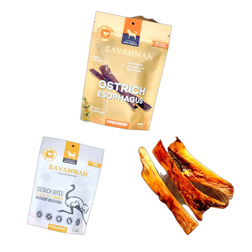 Savannah ostrich chew sampler: esophagus chews, ostrich and mango bites, and flat tendon chews on white