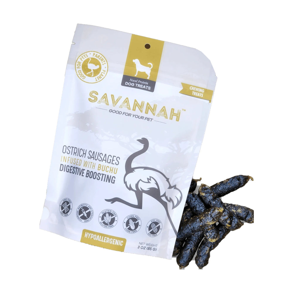 Savannah Ostrich Sausages with Buchu dog treat bag on a white background
