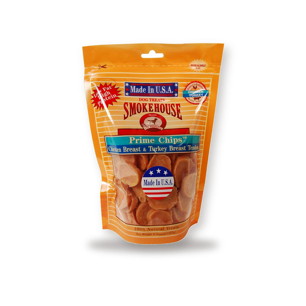 Smokehouse Prime Chips Dog Treats bag on white studio background
