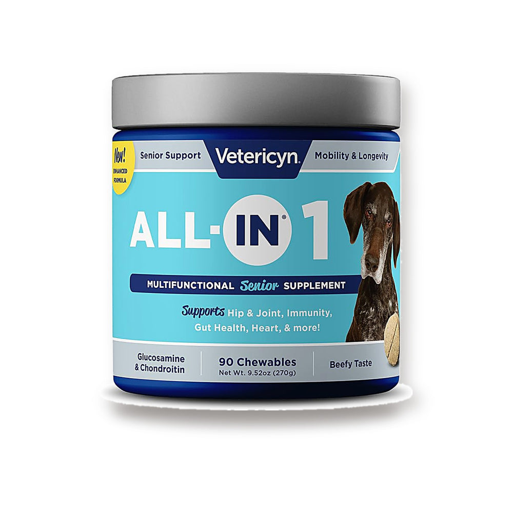 Vetericyn All-in-1 Senior Dog Supplement jar on white studio background
