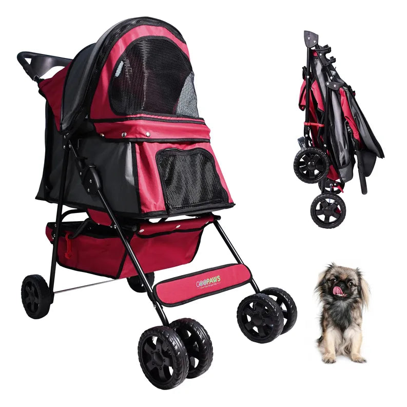 GOOPAWS four-wheel folding dog stroller in red and black, shown open and folded, next to a small dog