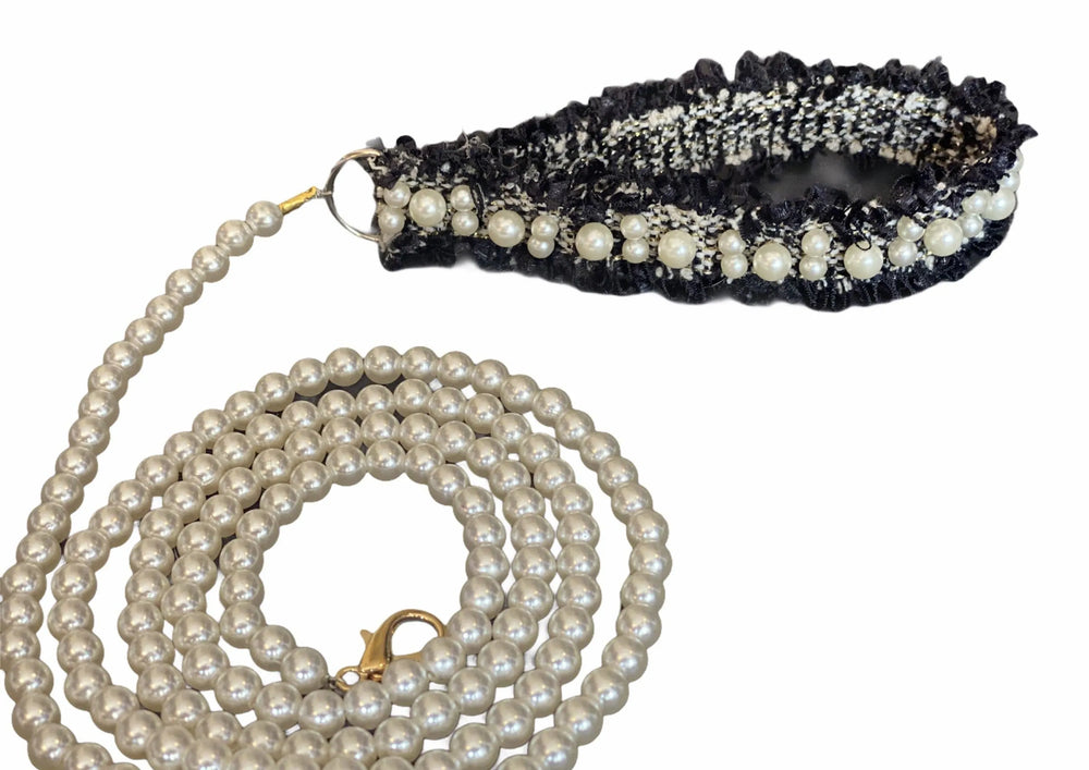 Bark Fifth Avenue faux pearl dog leash with black and white tweed handle