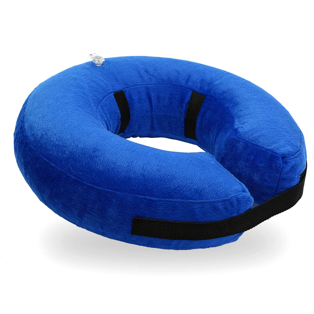 Blue inflatable dog recovery collar with plush cover