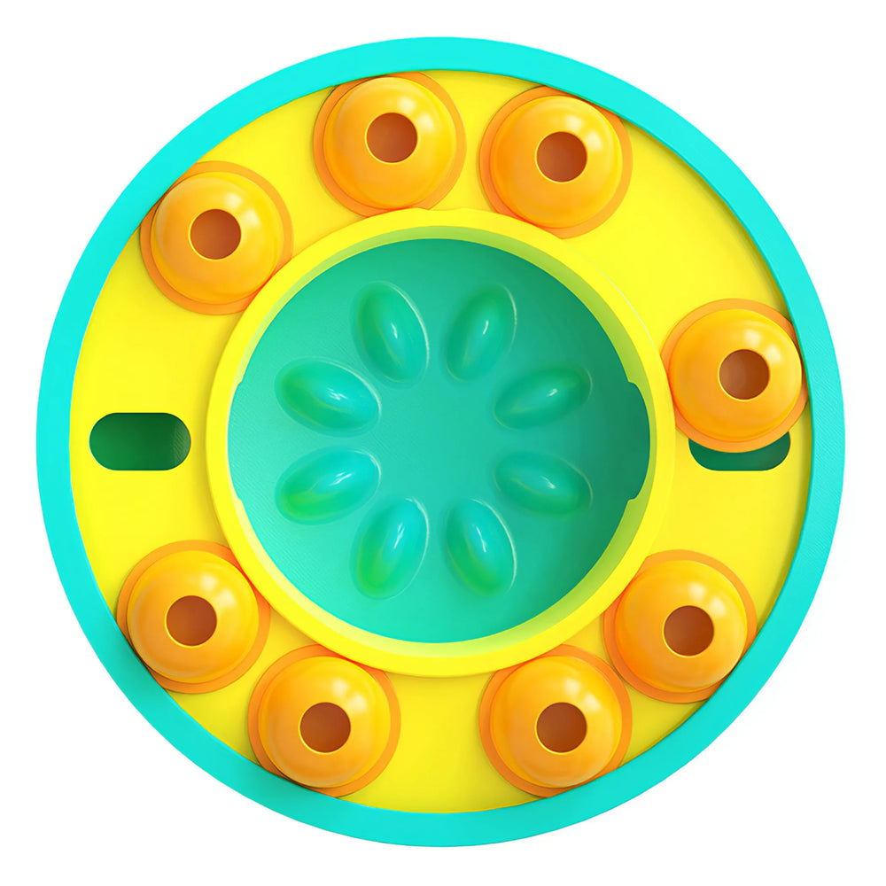 Blue and yellow dog puzzle slow feeder bowl with eight sliding treat cups