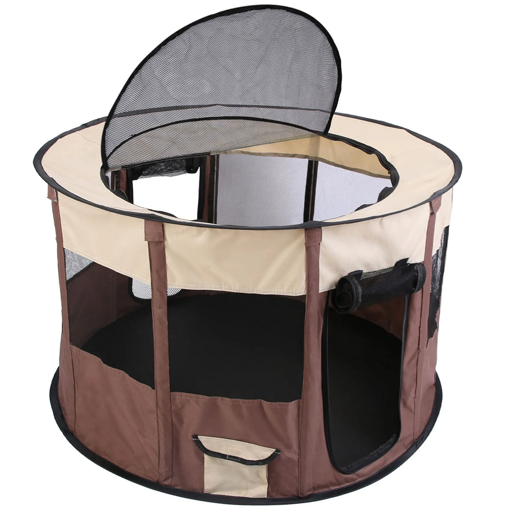 Round coffee brown and beige pop-up dog playpen with the mesh top unzipped