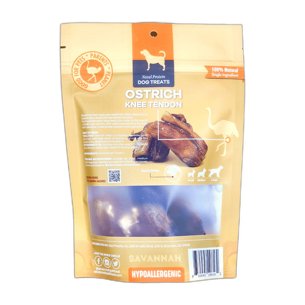 Savannah Ostrich Knee Tendon Dog Chews, 8-Pack, shown on a white background