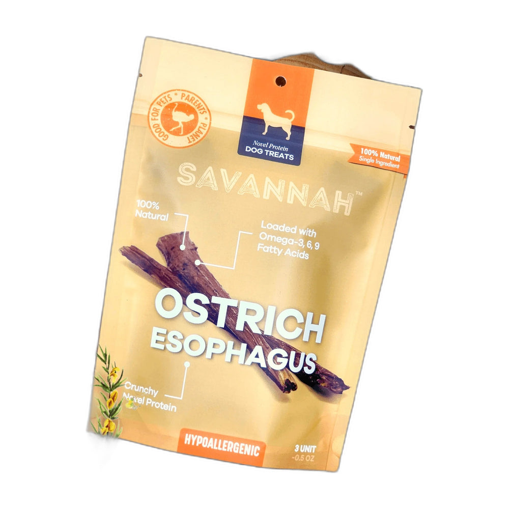 Savannah Ostrich Esophagus Dog Chews, 8-Pack, shown on a white background