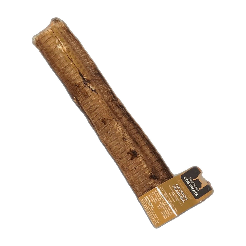 Savannah Whole Ostrich Trachea Dog Chews, 8-Pack, shown on a white background