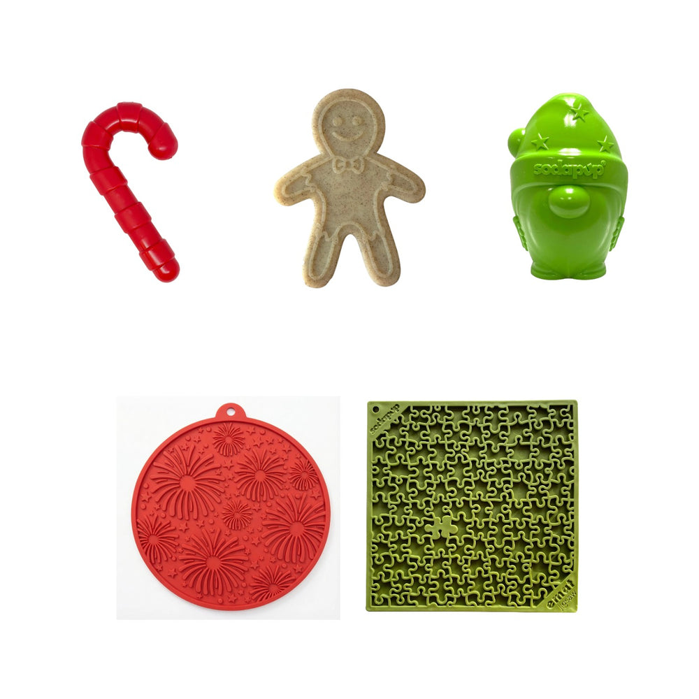 SodaPup Holiday Stocking Box: candy cane, gingerbread man, gnome, fireworks and jigsaw lick mats