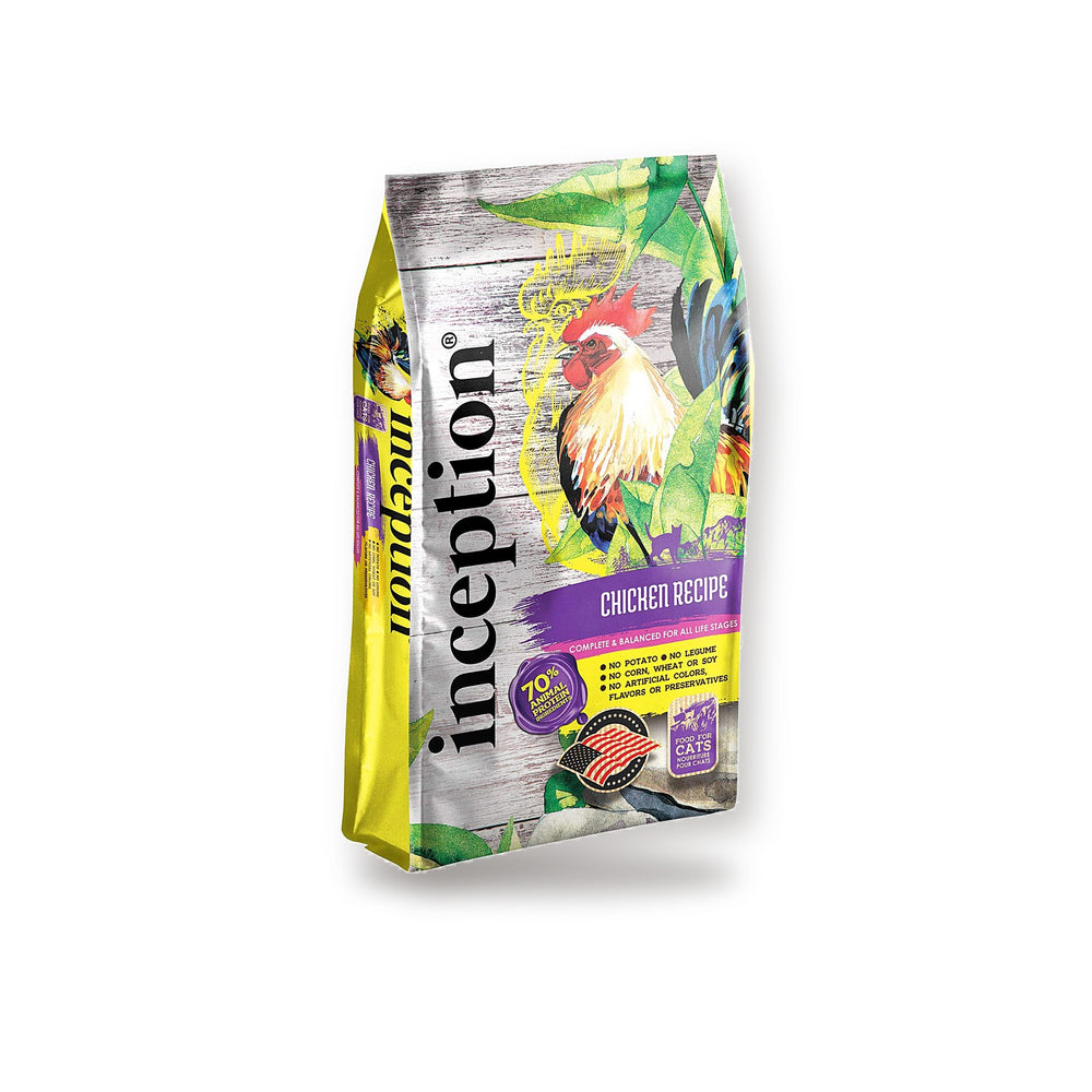 Inception chicken formula cat food bag on white studio background