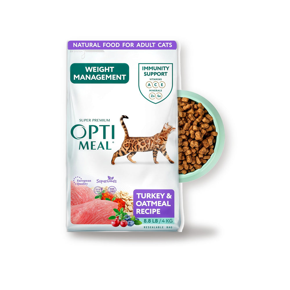 OptiTrim turkey and oatmeal light formula cat food bag on white studio background