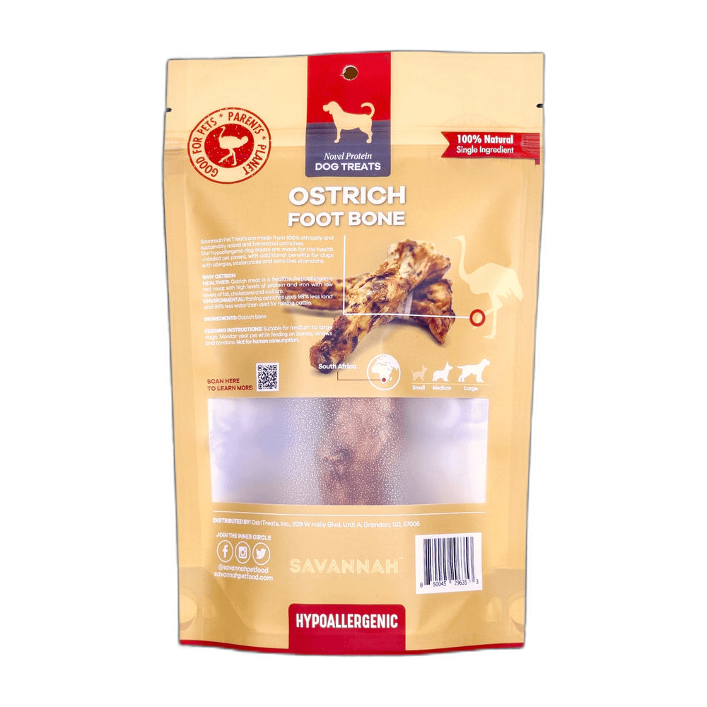Savannah Ostrich Foot Bone Dog Chews, 8-Pack, shown on a white background