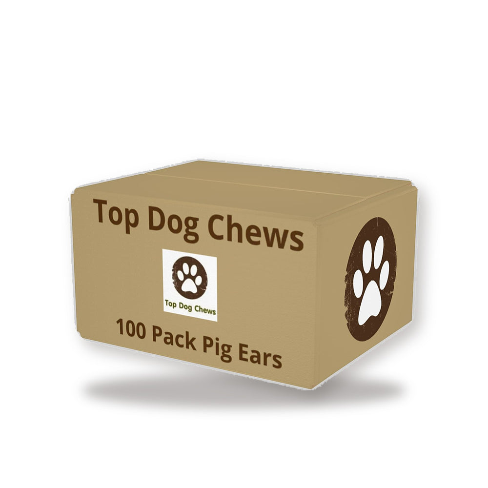 Top Dog Chews 100 Pack Pig Ears box on white studio background