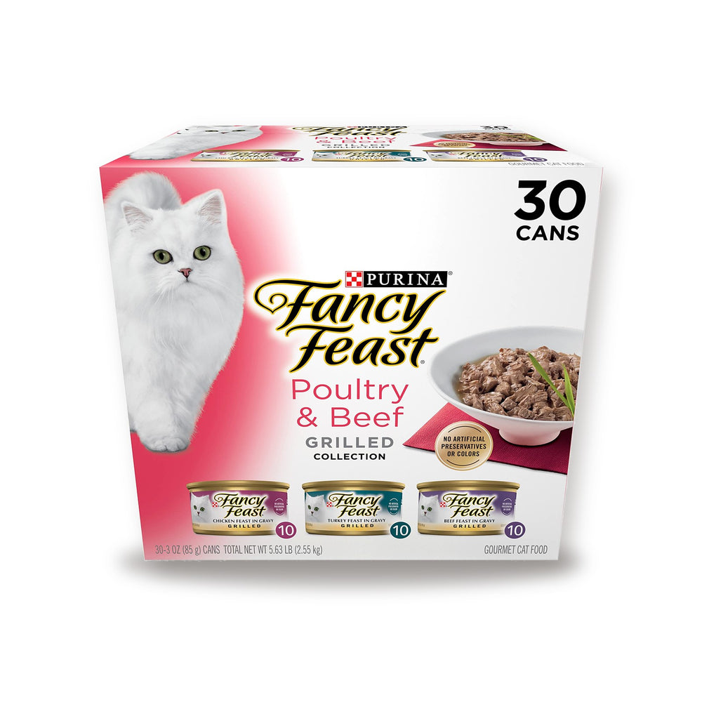 Purina Fancy Feast Grilled Delights 30-can variety pack on white studio background