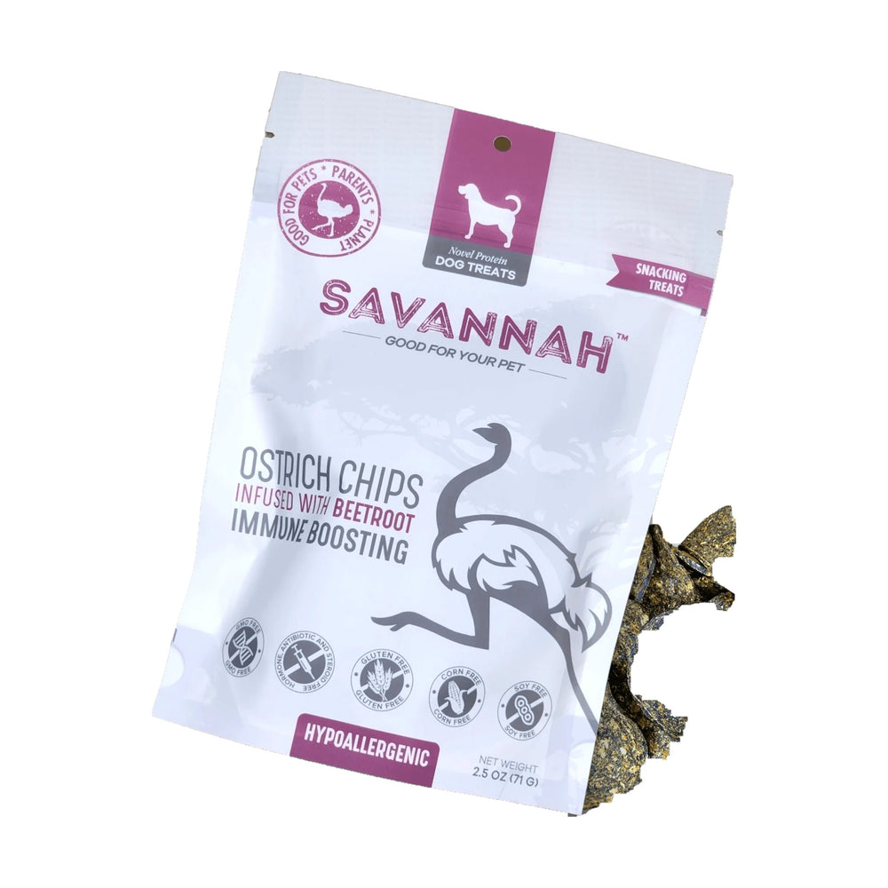 Savannah Ostrich Chips with Beetroot dog treat bag on a white background