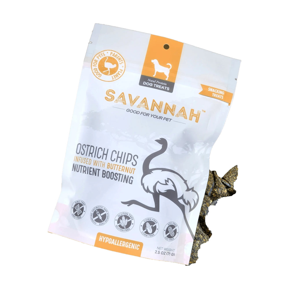 Savannah Ostrich Chips with Butternut dog treat bag on a white background