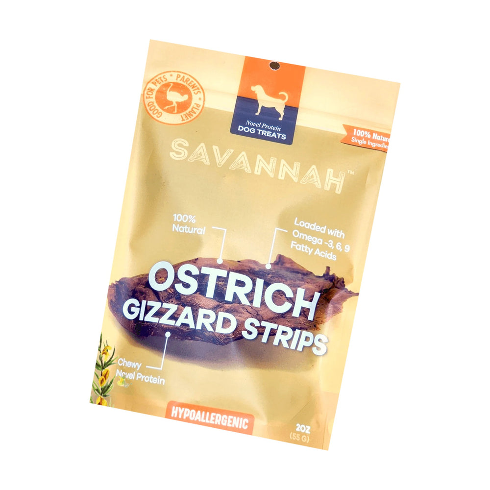 Savannah Ostrich Gizzard Strips dog treat bag on a white background
