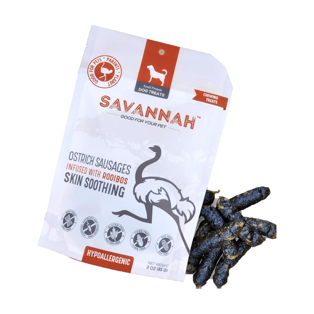 Savannah Ostrich Sausages with Rooibos dog treat bag on a white background