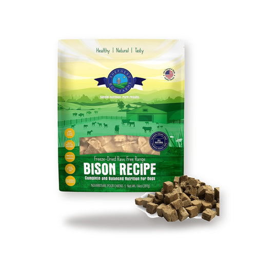 Shepherd Boy Bison freeze-dried raw dog food bag with kibble on white studio background
