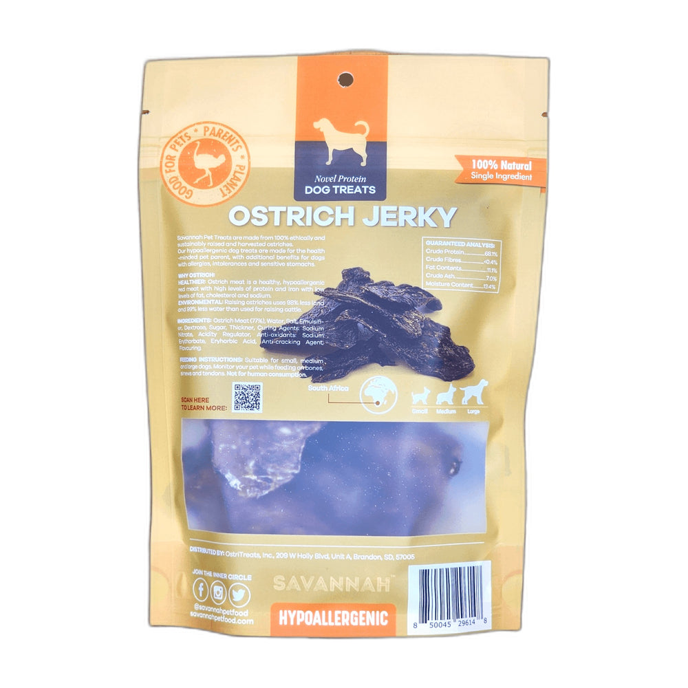 Savannah Ostrich Jerky Dog Treats, 8-Pack, shown on a white background